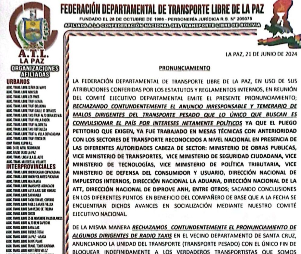 Transporte libre de La Paz rechaza convocatorias a “bloqueos políticos” que buscan convulsionar al país y se declara en emergencia 