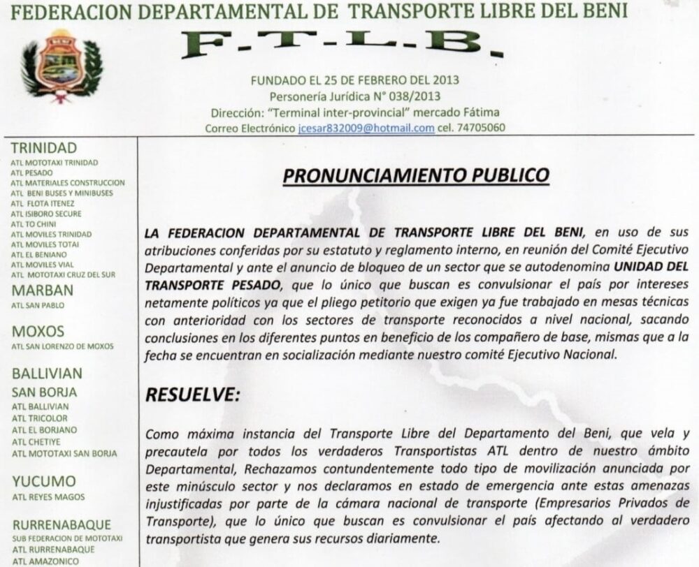 Transporte libre de Beni se declara en emergencia ante “amenazas” de bloqueos “políticos e injustificados”