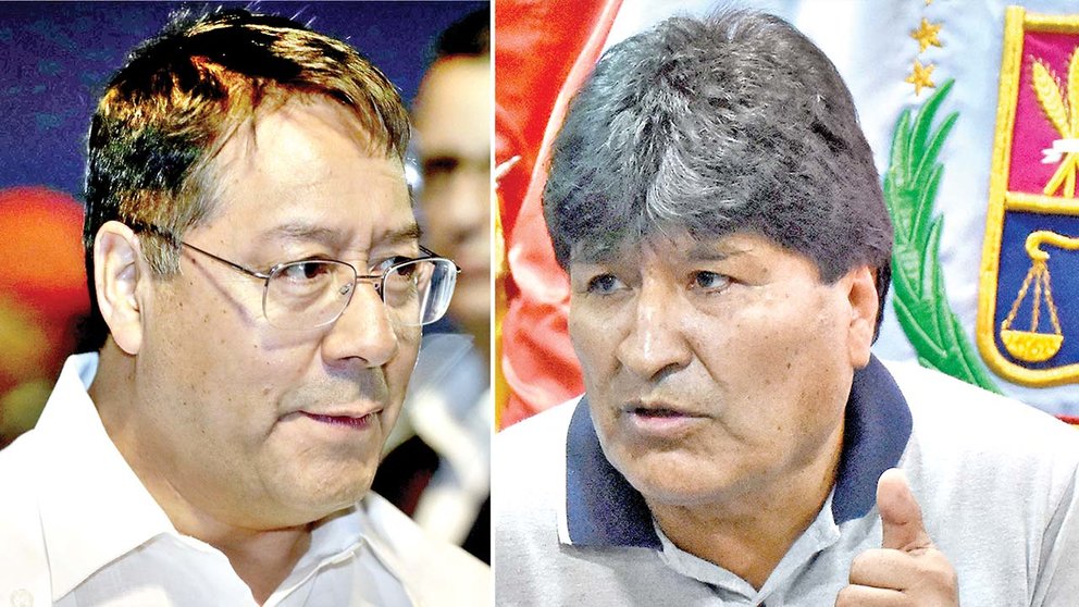 El presidente Luis Arce (i) y el jefe nacional del MAS, Evo Morales./ EFE-DICO SOLÍS