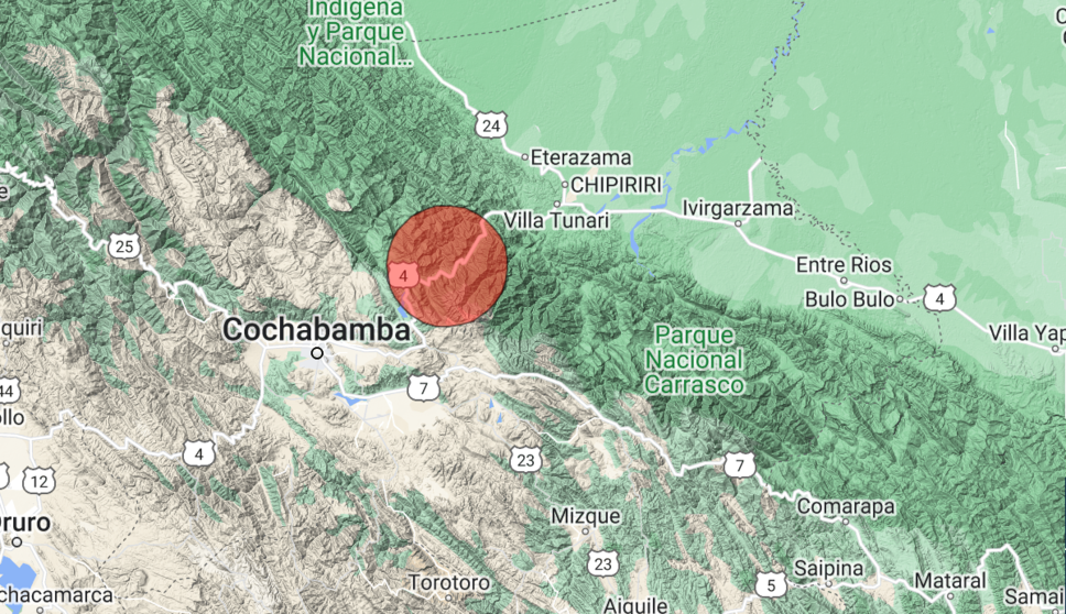 Imagen proporcionada por San Calixto sobre el radio del temblor en Chapare.