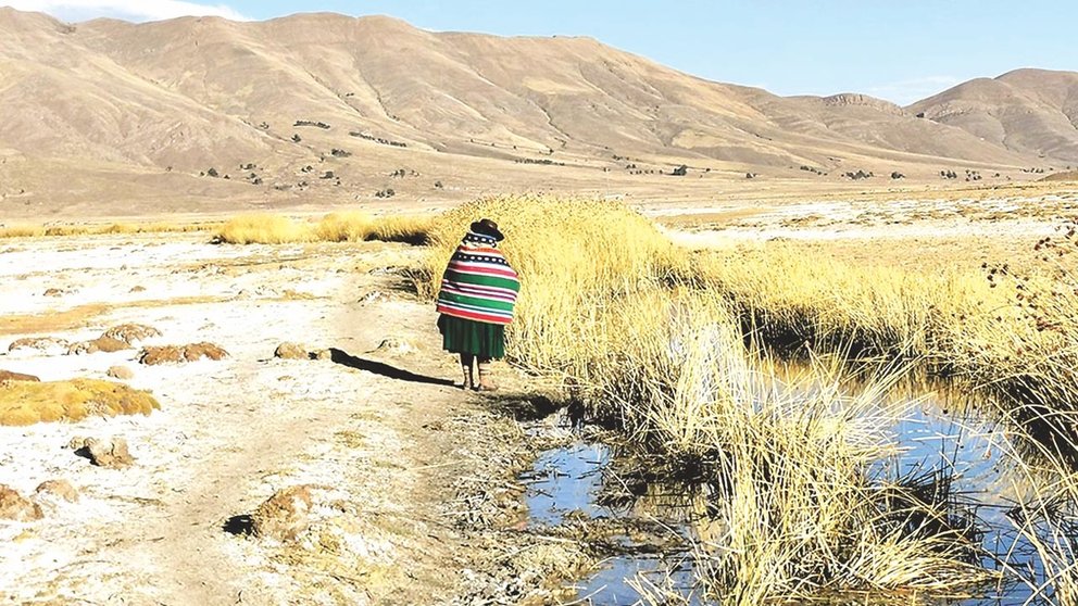 Una mujer del Ayllu San Agustín de Puñaca contempla las aguas del río Cachimayu en Poopó, Oruro./ CENDA