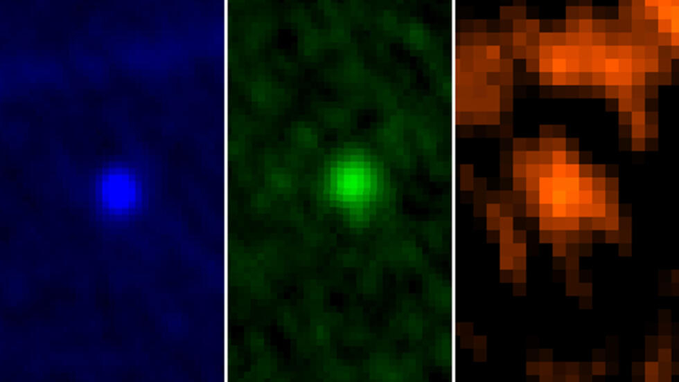 Imagen obtenida por la NASA que muestra el asteroide Apofis captado por el instrumento Photodetecting Array Camera and Spectrometer a bordo del observatorio espacial Herschel de la Agencia Espacial Europea los días 5 y 6 de enero de 2013