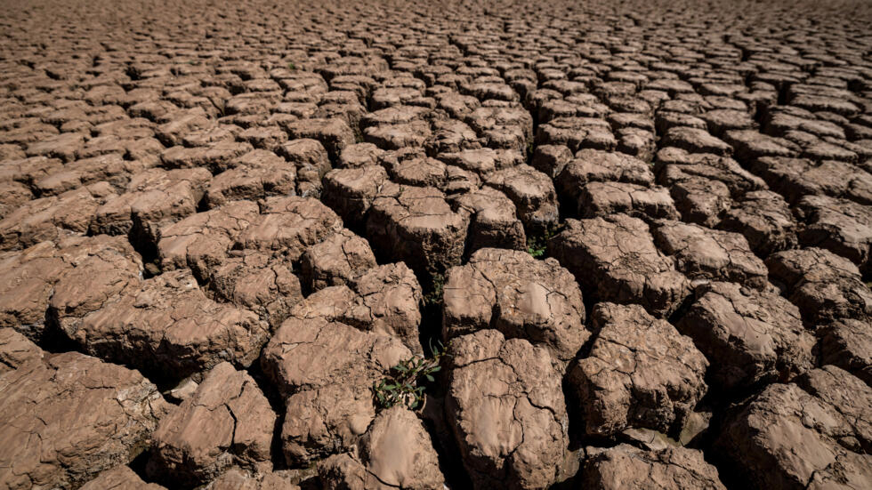Tierra cuarteada por la sequía en el lecho seco del embalse de Al Masira, el 6 de marzo de 2024 en el pueblo marroquí de Uled Esi Maseud, unos 140 km al sur de Casablanca