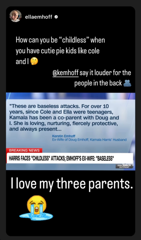 Screen grab showing the text of Ella Emhoff’s post on social media commenting on her mother’s statement about her stepmother.