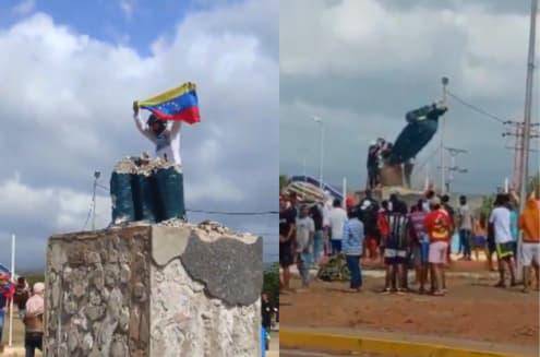 En el estado Falcón, los manifestantes derribaron una estatua del expresidente Hugo Chávez.Foto: Cortesía