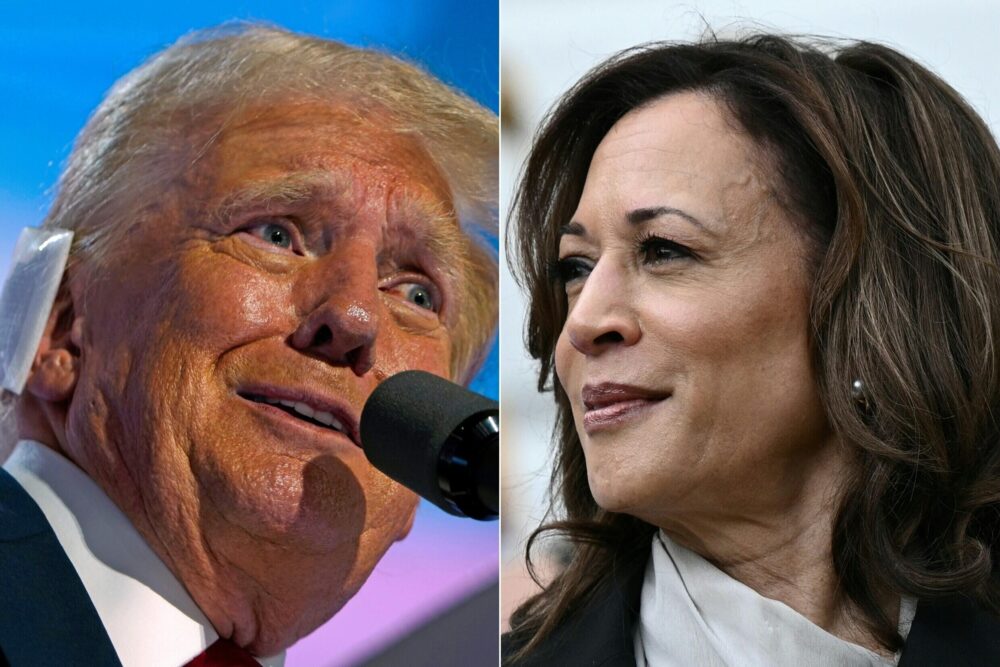 Esta combinación de imágenes creadas el 22 de julio de 2024 muestra al expresidente y candidato republicano a la presidencia en 2024, Donald Trump, y a la vicepresidenta Kamala Harris