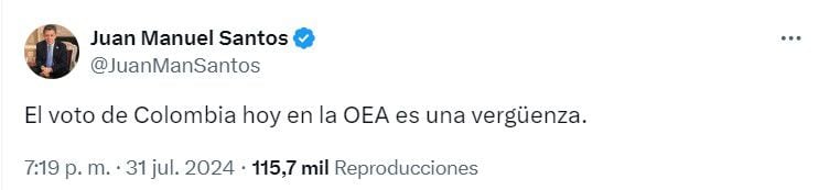 El expresidente Juan Manuel Santos fue fulminante en su punto de vista sobre la postura del gobierno Petro ante la OEA - crédito @JuanManSantos/X