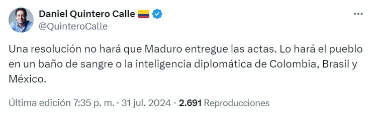 El exalcalde de Medellín celebró la postura diplomática de Colombia ante la OEA, y cuestionó la funcionalidad del organismo en la situación de crisis política en Venezuela - crédito @QuinteroCalle/X