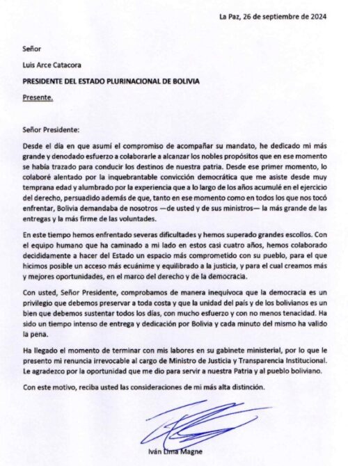 “Hemos enfrentado severas dificultades y superado grandes escollos”, manifiesta Lima, en su carta de renuncia irrevocable