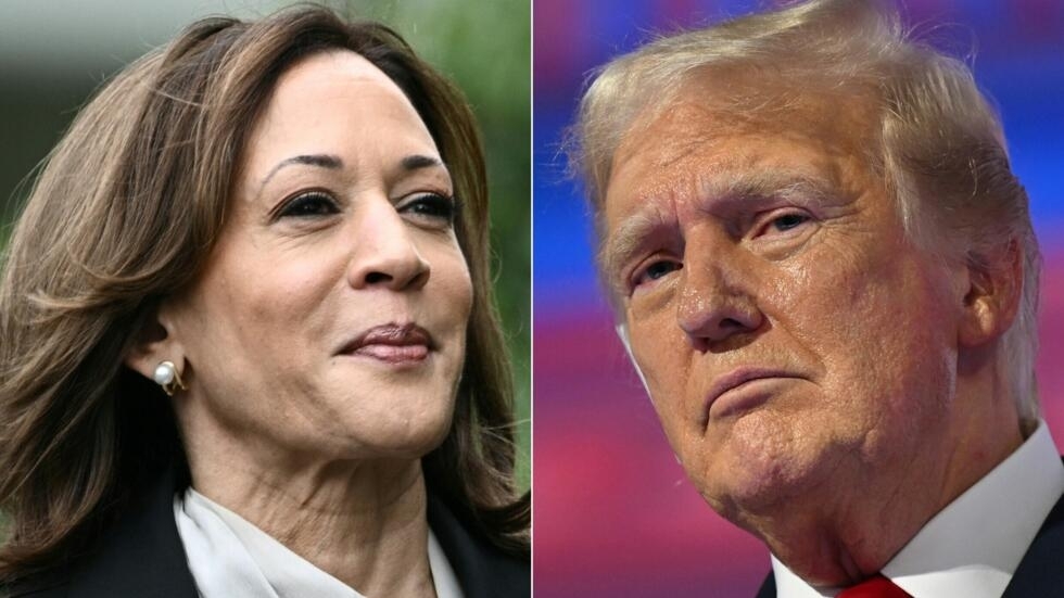 Fotomontaje creado el 22 de julio de 2024 mostrando a la vicepresidenta Kamala Harris en Washington y al expresidente y candidato republicano Donald Trump en Milwaukee, Wisconsin