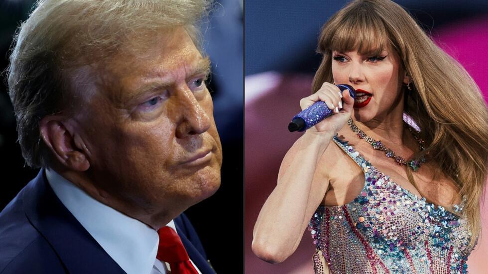 Combinaciónd de fotografías del candidato presidencial republicano y expresidente de EEUU, Donald Trump, en Pensilvania el 10 de septiembre de 2024, y la cantante Taylor Swift en Lisboa el 24 de mayo de 2024.