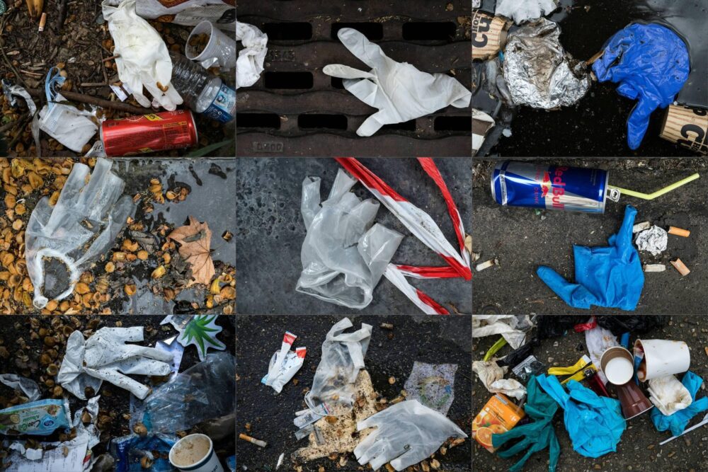 Montaje de fotos que muestran los residuos plásticos en París, el 29 de marzo de 2020