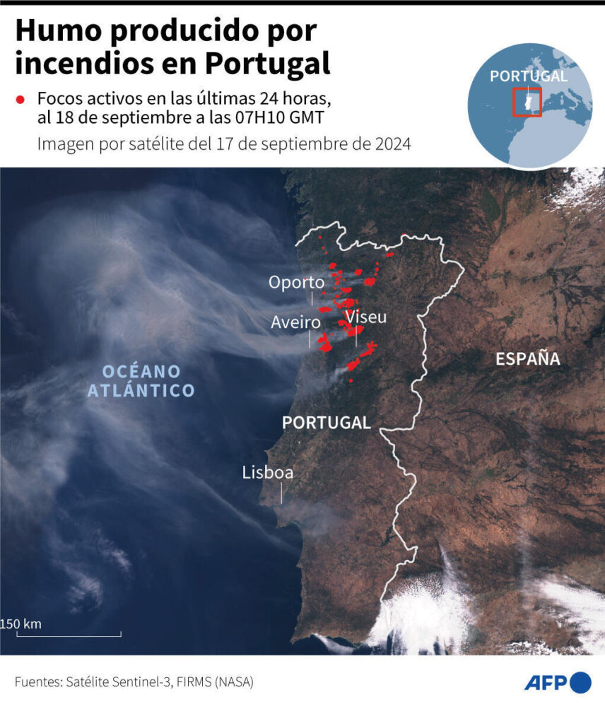 Imagen satelital del 17 de septiembre de 2024 del humo provocado por los incendios forestales en Portugal, así como la localización de los focos activos en las últimas 24 horas (al 18 de septiembre a las 07H10 GMT)