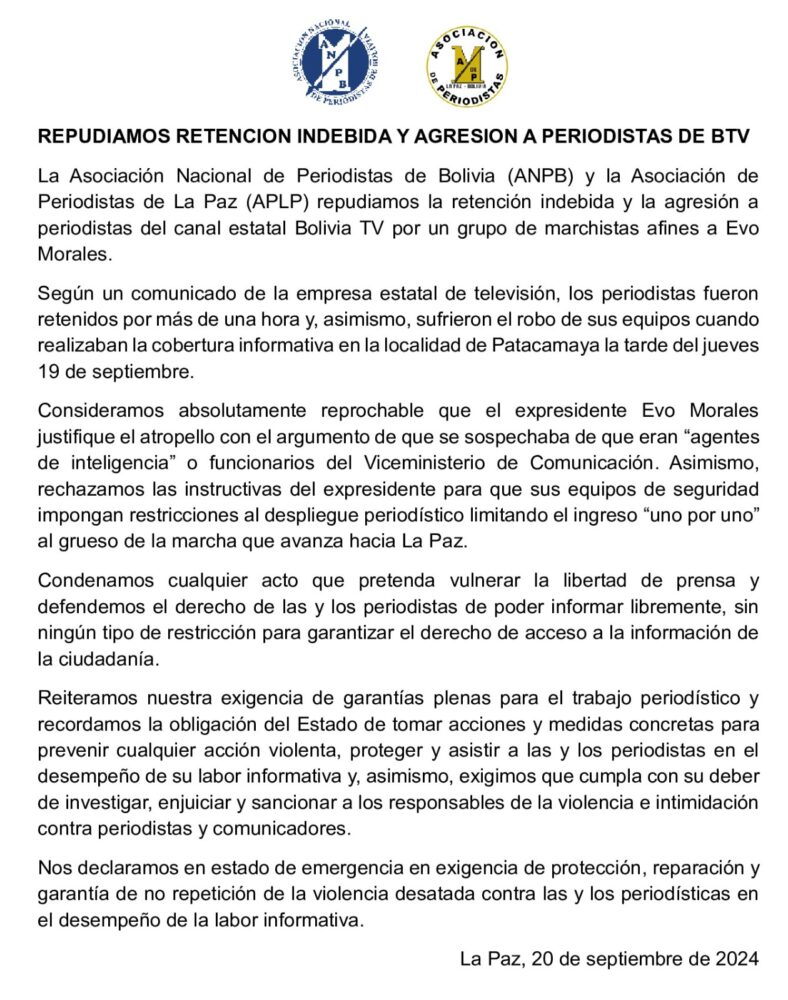 Asociaciones de prensa repudian retención indebida y agresiones a periodistas de Btv