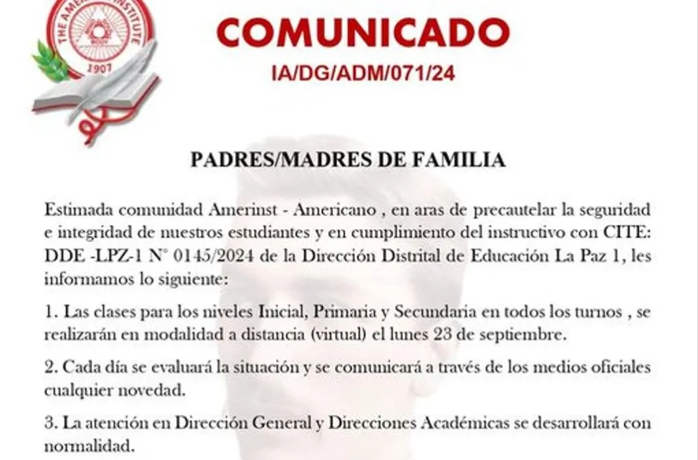 Algunos colegios suspenden clases presenciales ante marchas y protestas previstas para este lunes en La Paz