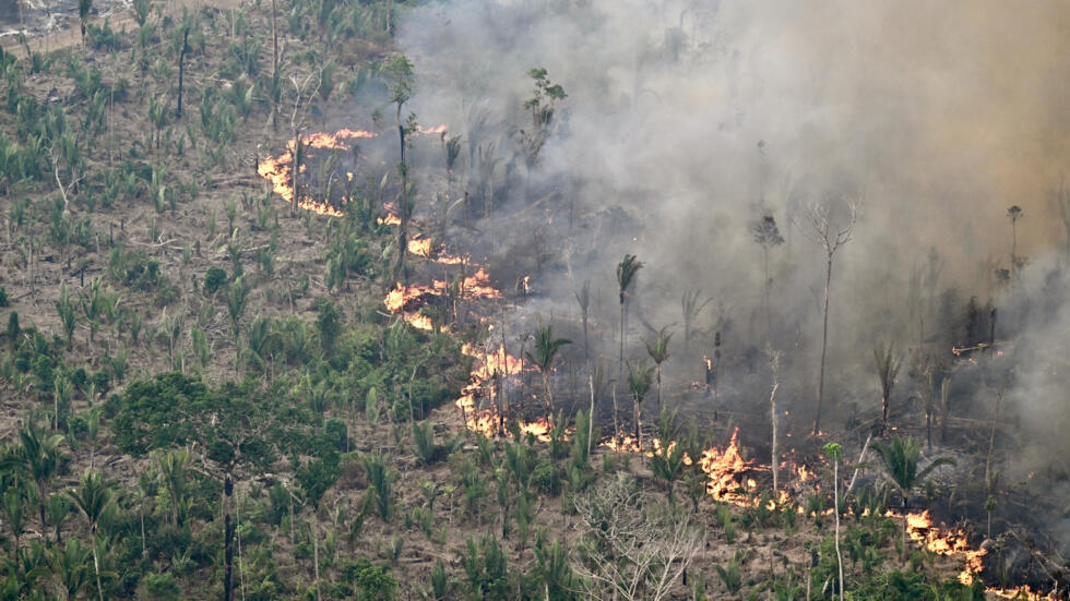 Vista aérea de un área de la Amazonia en llamas por causa de incendios criminales para la deforestación en Lábrea, Brasil, del 20 de agosto de 2024