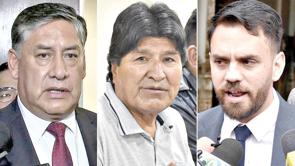 El fiscal general del Estado, Juan Lanchipa (i), Evo Morales y el ministro de Gobierno, Eduardo del Castillo./ COMPOSICIÓN OPINIÓN