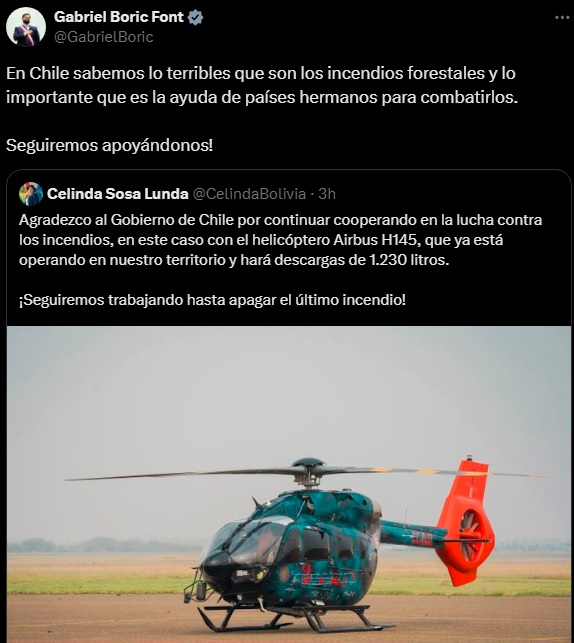 Presidente de Chile destaca la importancia de la ayuda a Bolivia para acabar con incendios forestales