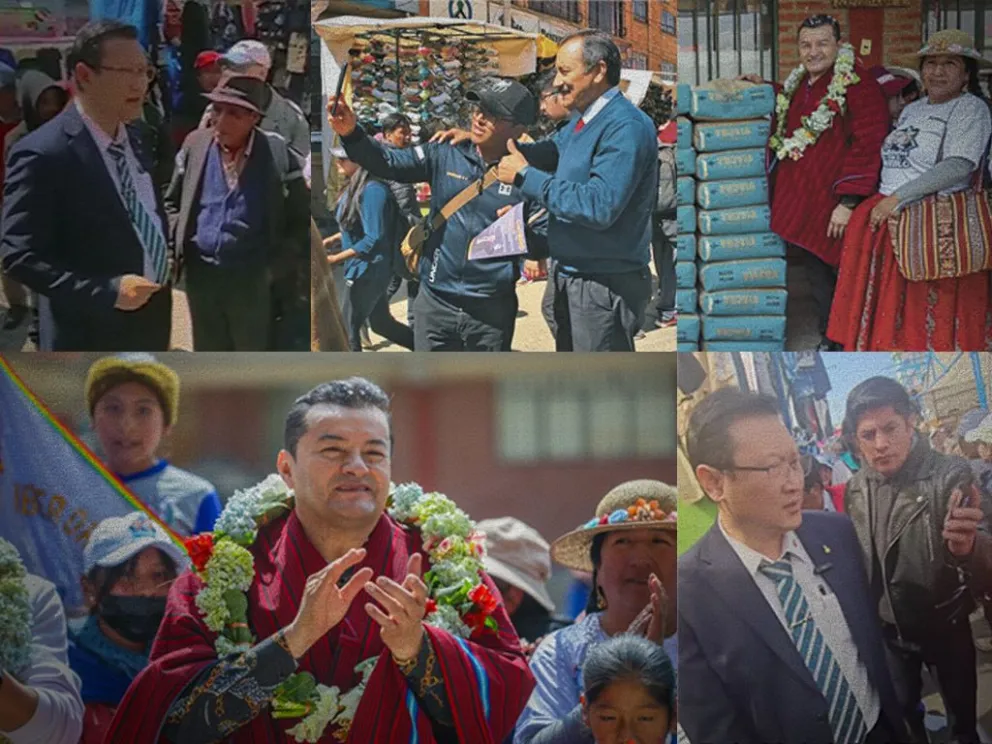 Fernández, Cuéllar y Chi durante su visita a la ciudad de El Alto. Foto: Composición de Visión 360 con fotos de RRSS de los políticos 