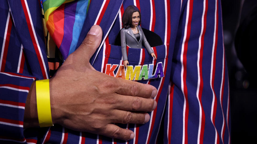 Un partidario de la candidata demócrata a la presidencia de Estados Unidos Kamala Harris en la Convención Nacional Demócrata en el United Center el 22 de agosto de 2024 en Chicago, Illinois.