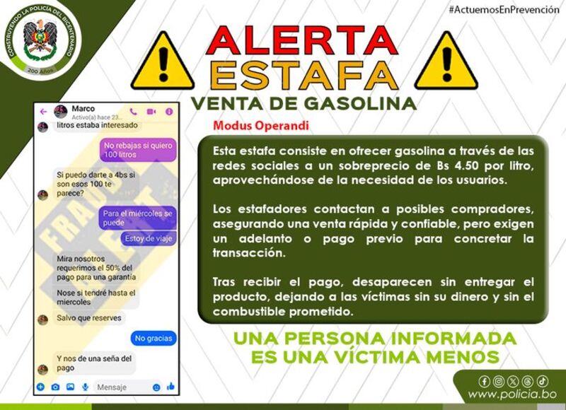 Policía Boliviana alerta de estafadores que ofertan gasolina en las redes sociales