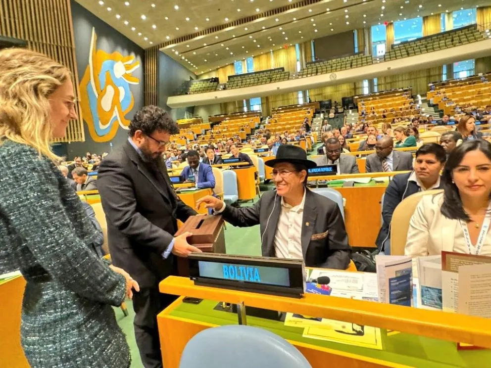 Diego Pary duranta una sesión de la ONU. Foto: @BoliviaUNNY