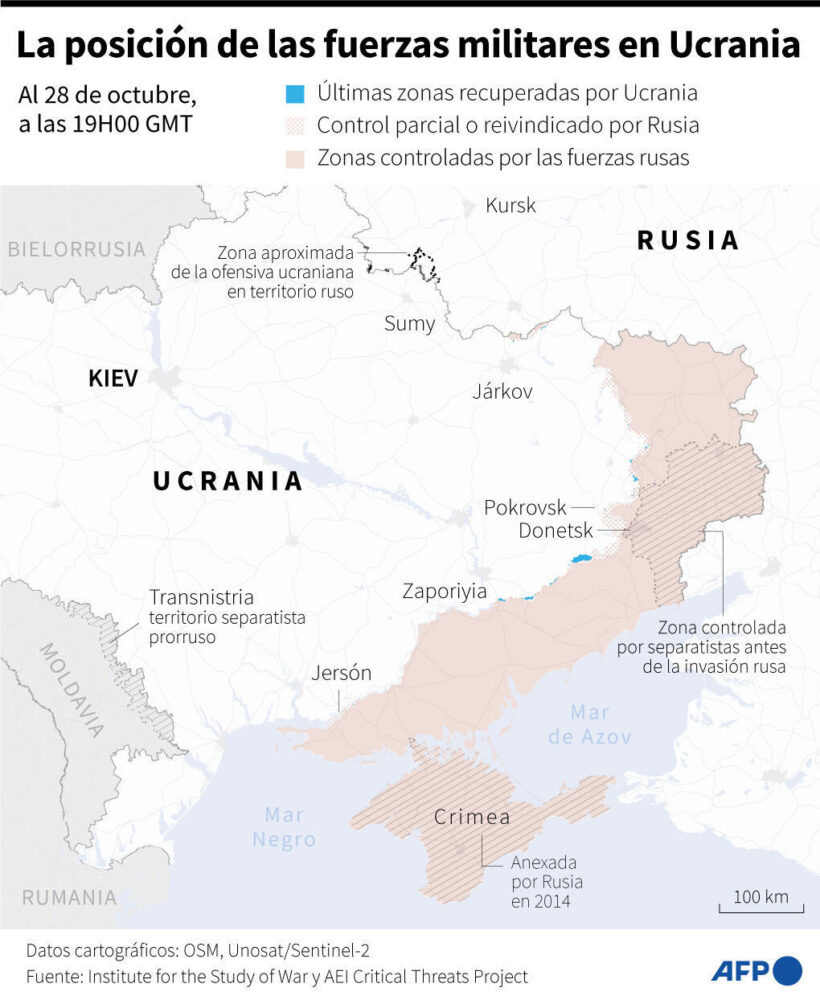 Mapa de las zonas controladas por las fuerzas ucranianas y rusas en Ucrania, al 28 de octubre de 2024 a las 19H00 GMT