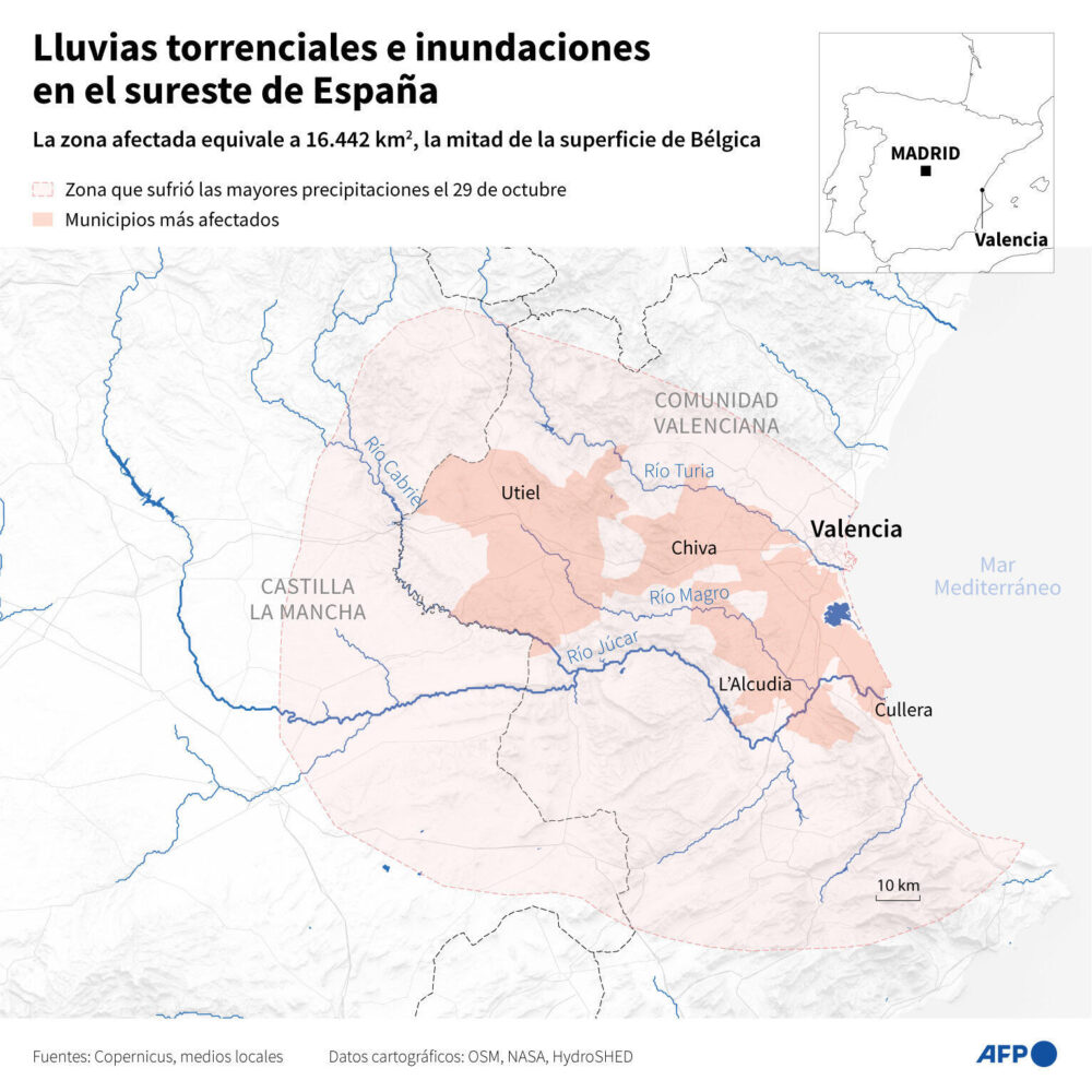 Localidades afectadas por las fuertes lluvias en el sureste de España