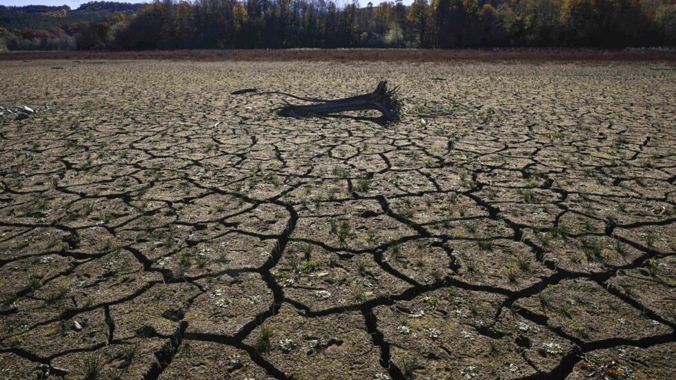 El lecho del embalse de Yovkovtsi, cuarteado por la sequía, en una imagen tomada el 8 de noviembre de 2024 cerca de la ciudad de Elena, en el centro de Bulgaria