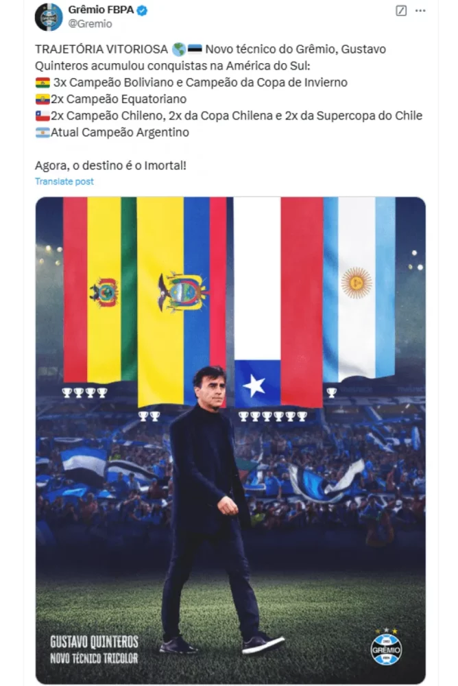 Gremio hizo oficial la llegada de Gustavo Quinteros como técnico Gremio hizo oficial la llegada de Gustavo Quinteros como técnico