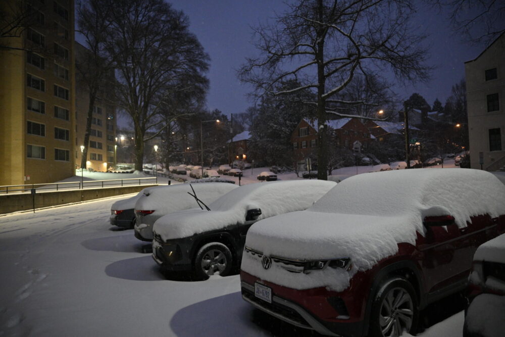 Los automóviles quedan cubiertos de nieve durante una tormenta invernal en una zona residencial de Washington, DC, a primera hora del 6 de enero de 2025