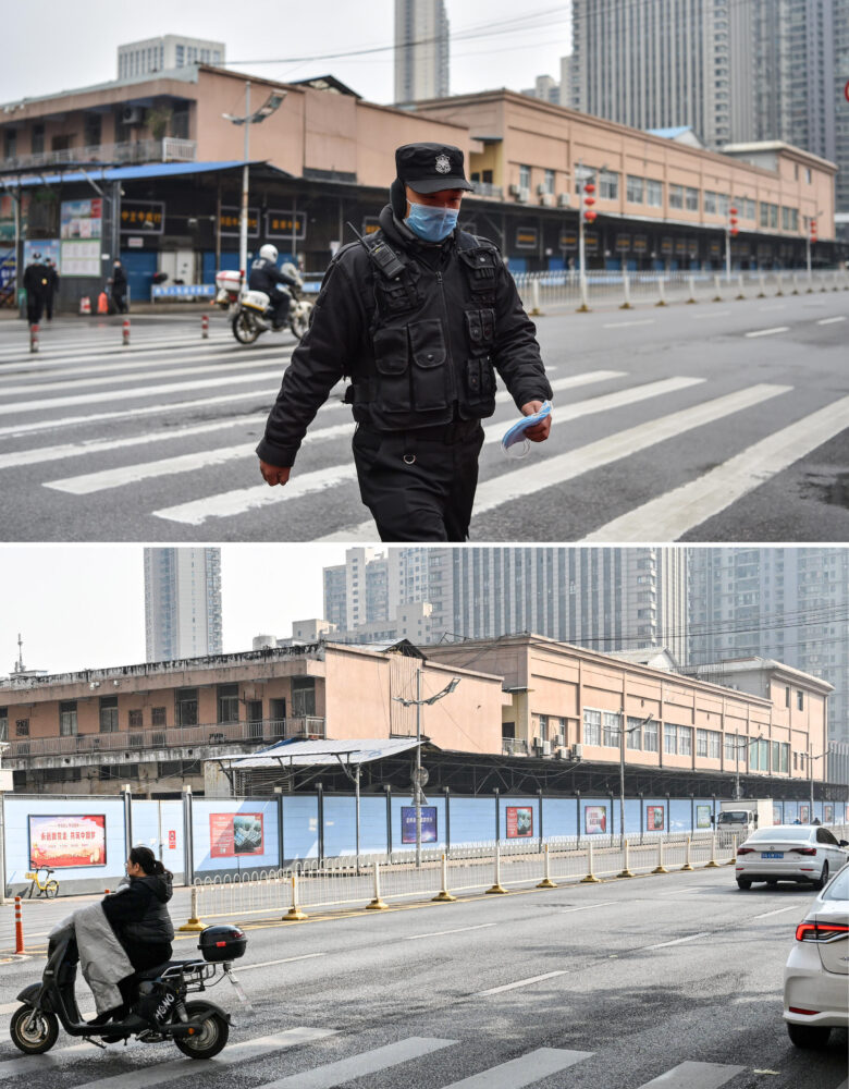 Una combinación de imágenes de un policía caminando el 24 de enero de 2020 fuera del Mercado de Marisco de Huanan, en la ciudad china de Wuhan, donde se detectó el covid-19, y otra tomada el 21 de diciembre de 2024, en la que aparece cerrado