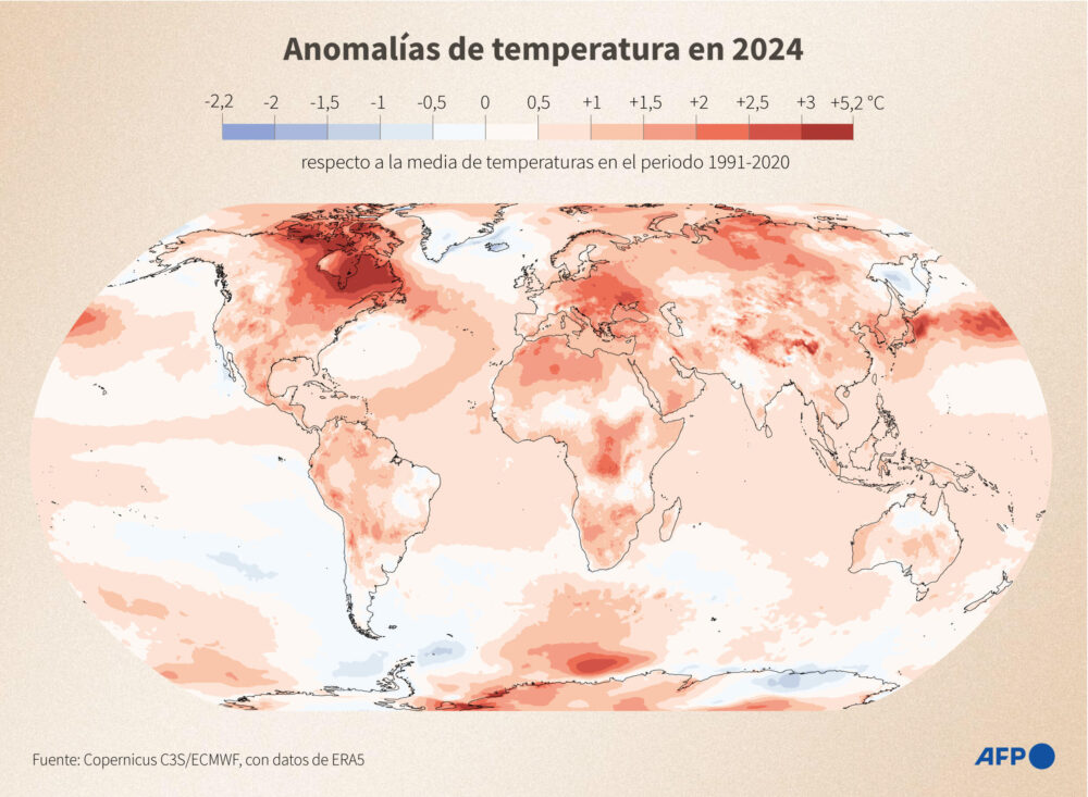 Mapa del mundo mostrando las anomalías de temperatura en la superficie del planeta en 2024, respecto a la media de las temperaturas entre 1991 y 2020, a partir de los datos de Copernicus