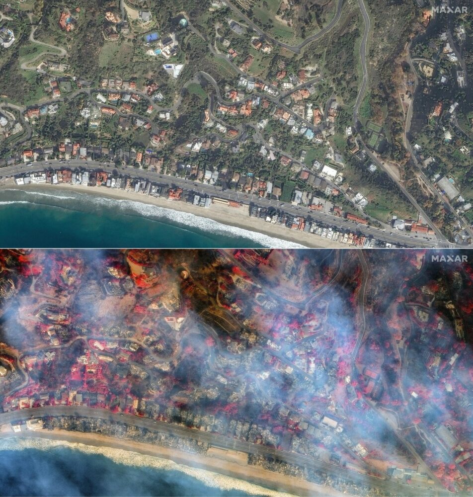 Combinación de imágenes satelitales de Maxar Technologies antes de los incendios en Malibú, Los Ángeles, y el 9 de enero de 2025 (abajo)