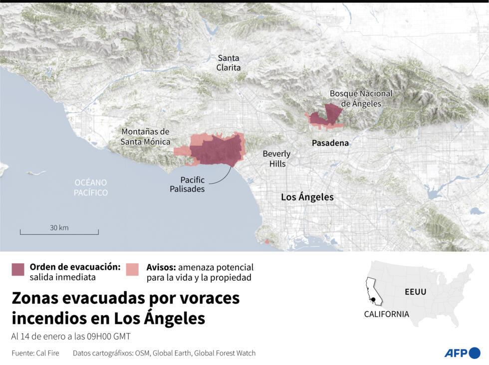 Mapa de Los Ángeles mostrando las órdenes de evacuación y los avisos de incendios, al 14 de enero de 2025 a las 09H00 GMT