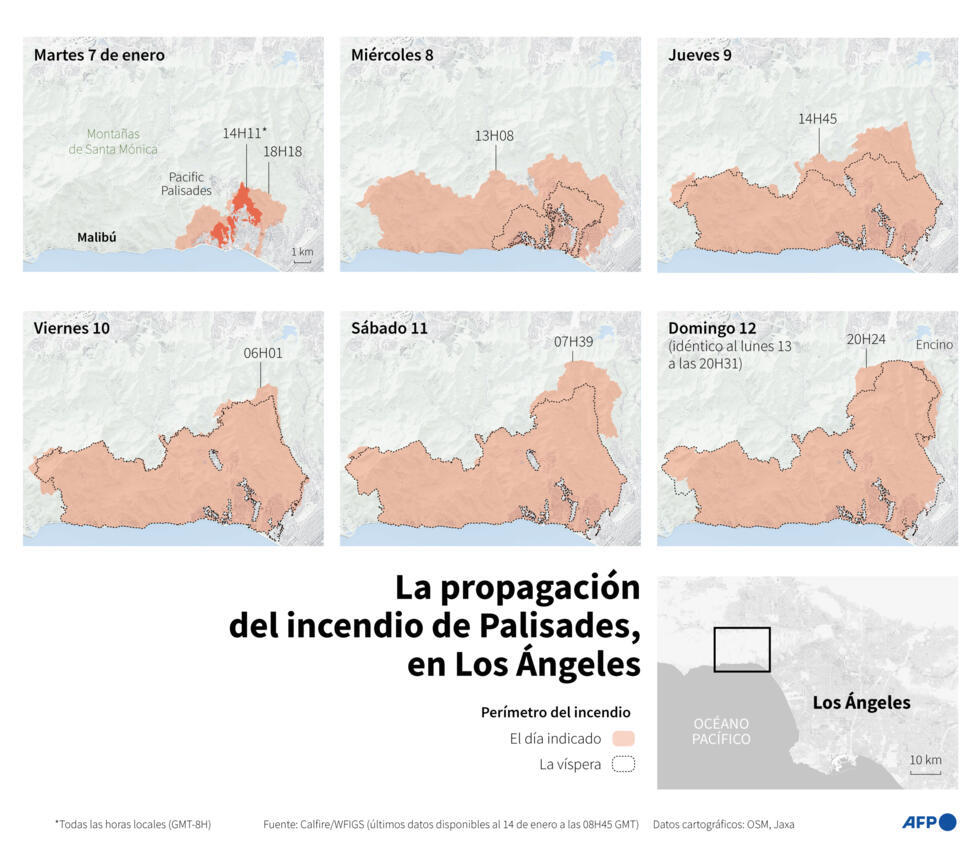 Mapa con la evolución del perímetro del incendio de Palisades, en Los Ángeles, según los últimos datos disponibles al 14 de enero de 2025 a las 08H45 GMT