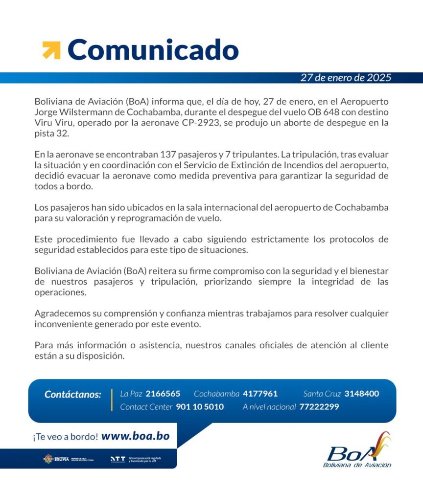 Avión de BoA sufre incidente en Cochabamba y la DGAC inicia una investigación