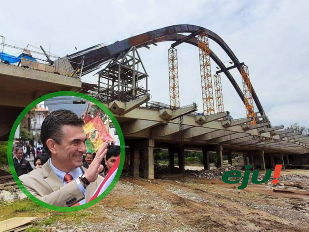 Rodrigo Paz y el puente 4 de Julio en su fase de construcción. / Fotocomposición: Ejutv