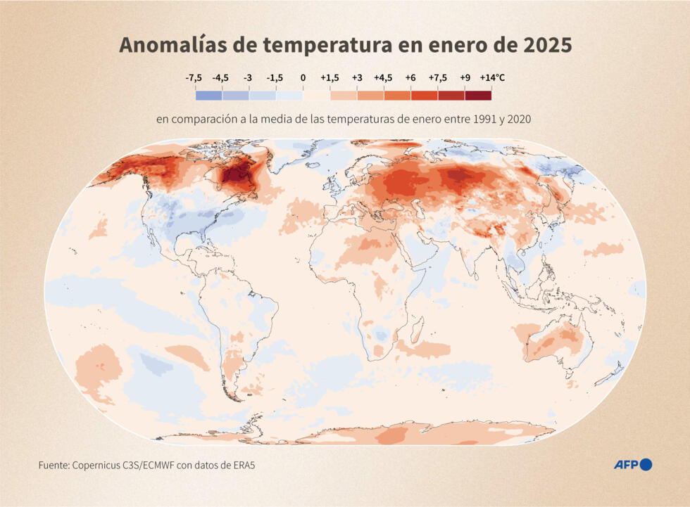 Mapa mundial que muestra las anomalías de la temperatura global en la superfice registradas en enero de 2025 en comparación con las temperaturas medias entre 1991 y 2020, según los datos de Copernicus