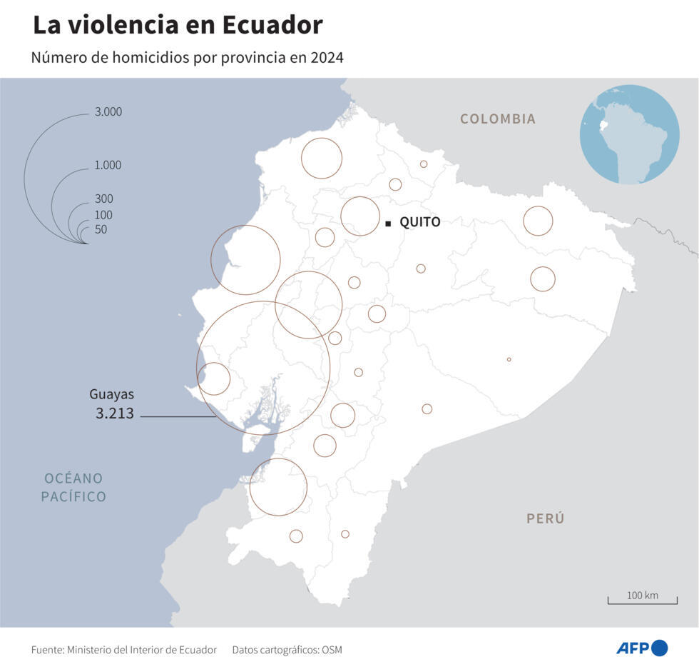 Mapa de Ecuador indicando el número de homicidios por provincia en 2024, según datos del Ministerio del Interior