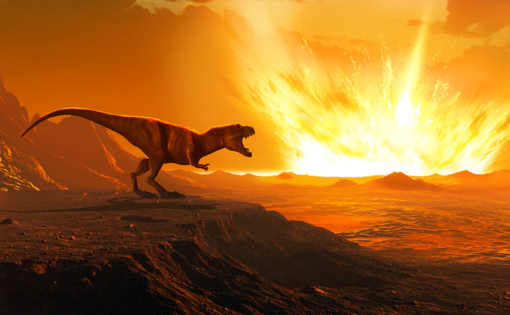 Ilustración de un dinosaurio ante el impacto de un meteorito sobre la Tierra.