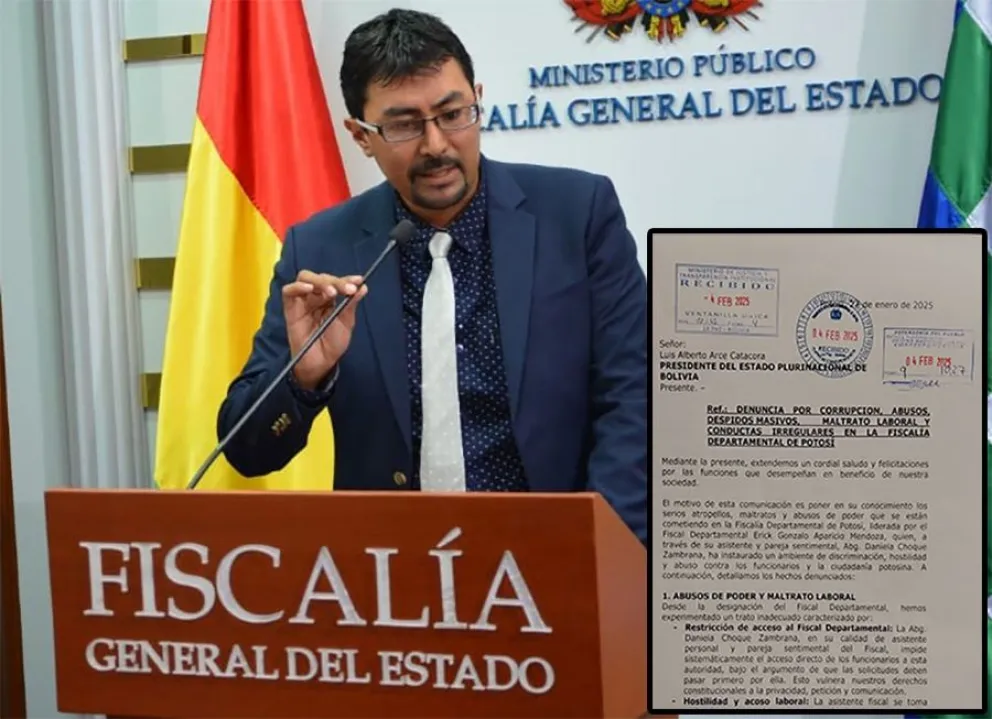 Funcionarios denunciaron ante el presidente Luis Arce, al fiscal departamental de Potosí, Erick Aparicio, por tráfico de influencias. Foto: Fiscalía