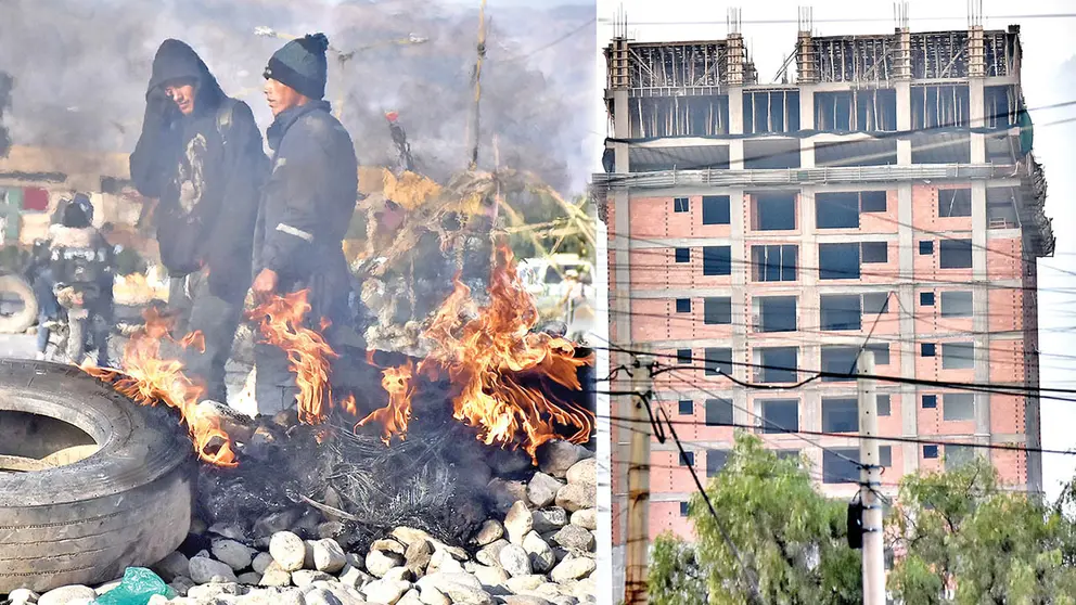 De un lado, la actividad de la construcción en Bolivia. Del otro, una movilización del “evismo”./ ARCHIVO