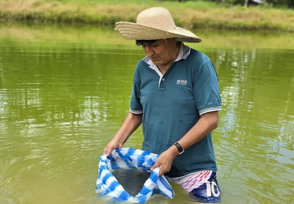 Morales siembra alevines de tambaquí, el 1 de marzo. Foto: RRSS del exmandatario 