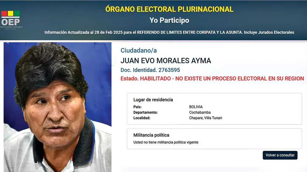 Así figura en la plataforma “Yo Participo” del OEP, la militancia política actual de Evo Morales./ CAPTURA DE PANTALLA