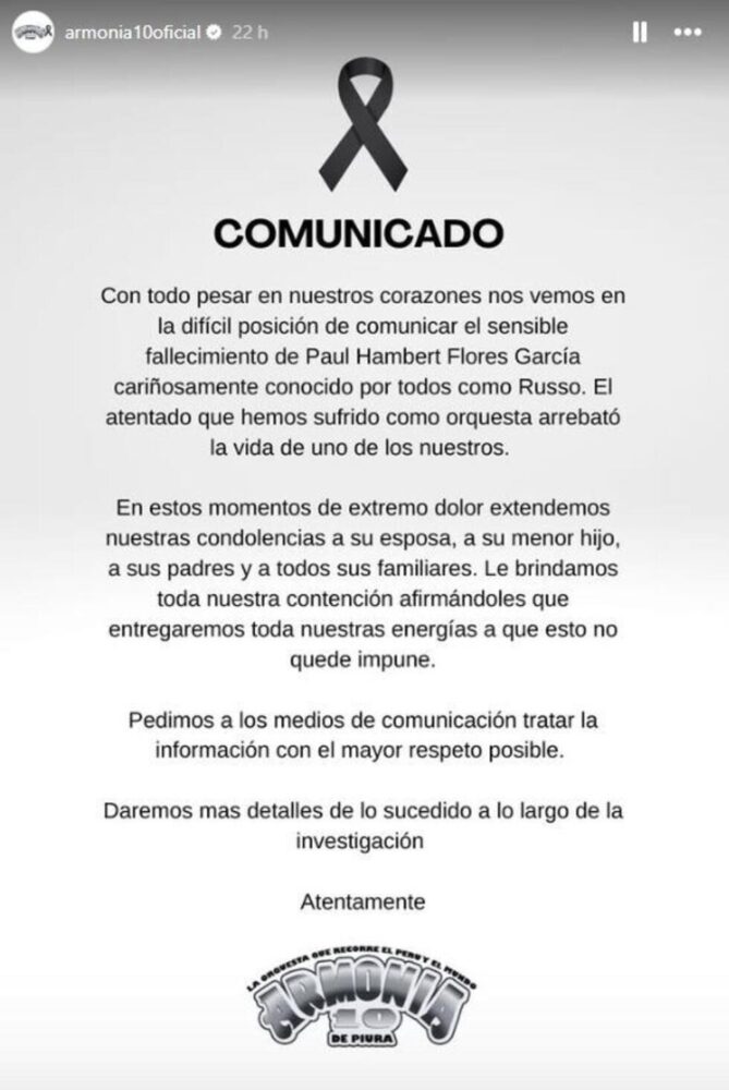 Comunicado del grupo de cumbia Armonía 10 lamentando el asesinato de su vocalista Paul Flores "Russo".