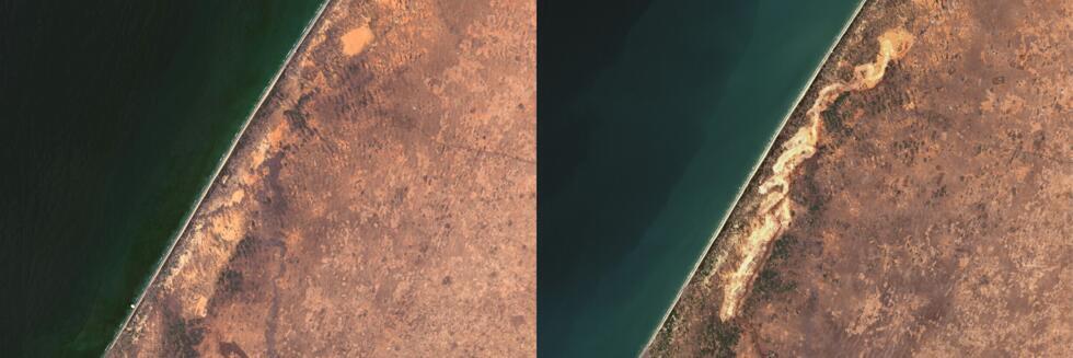 Estas dos imágenes, fechadas el 13 de marzo de 2025, muestran una imagen satelital distribuida por LANDSAT USGS DATA 2025 tomada el 27 de abril de 2014 (a la izquierda) y una imagen satelital distribuida por COPERNICUS SENTINEL DATA 2025 (a la derecha) tomada el 7 de marzo de 2025, que muestran el trazado de la mina del grupo minero francés Eramet en Senegal