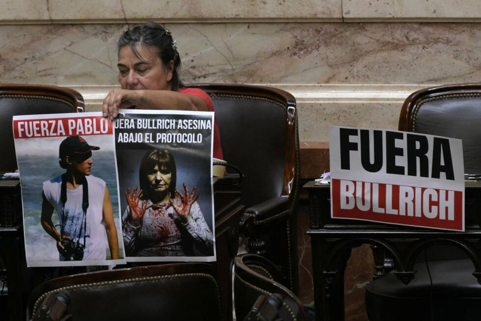 La legisladora Mónica Schlotthauer con carteles que dicen "Fuera Bullrich" y "Fuerza Pablo", en referencia al fotorreportero herido en la protesta del 12 de marzo, cuando la cámara baja se dispone a decidir si dará luz verde a Milei para cerrar un acuerdo con el FMI.