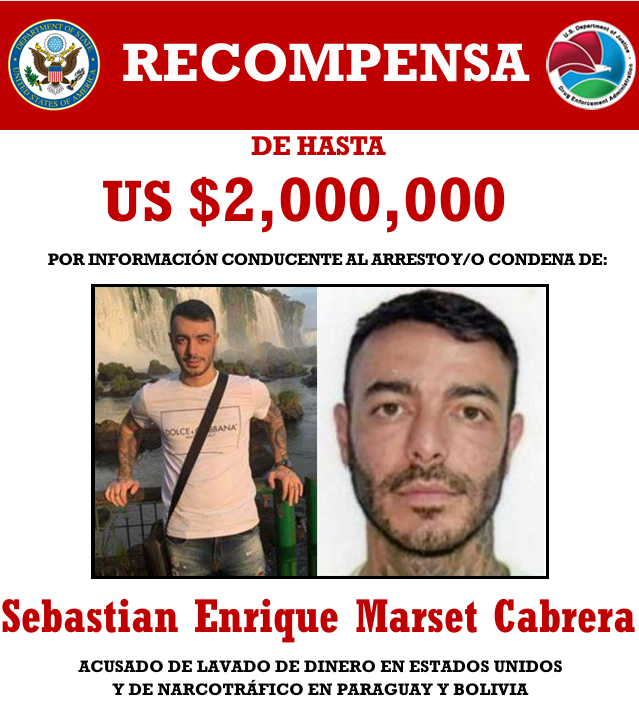 El afiche de la recompensa para capturar a Marset. / Foto: EEUU.
