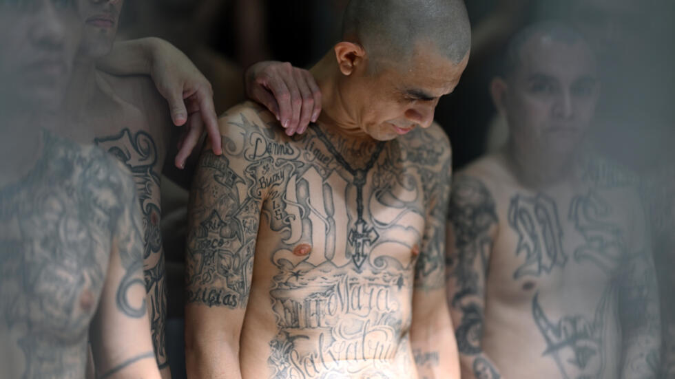 Unos reclusos, en una celda de la megacárcel Centro de Reclusión Contra el Terrorismo (CECOT), en Tecoluca, El Salvador, donde están detenidos cientos de miembros de las pandillas MS-13 y Barrio 18, el 27 de enero de 2025